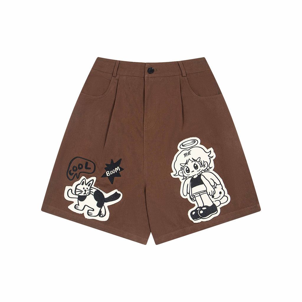 Retro Cartoon Embroidery Casual Wide-Leg Shorts for Men and Women