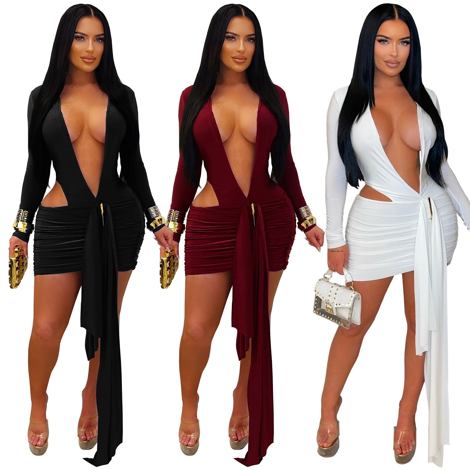 Fashion Women's Sexy Deep V Neck Solid Color Ribbon Dress Mini Dress
