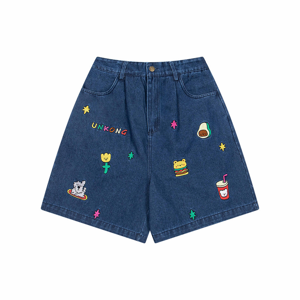 Retro Washed Cartoon Embroidered Elastic Waist Denim Wide Leg Shorts for Men and Women