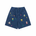 Retro Washed Cartoon Embroidered Elastic Waist Denim Wide Leg Shorts for Men and Women