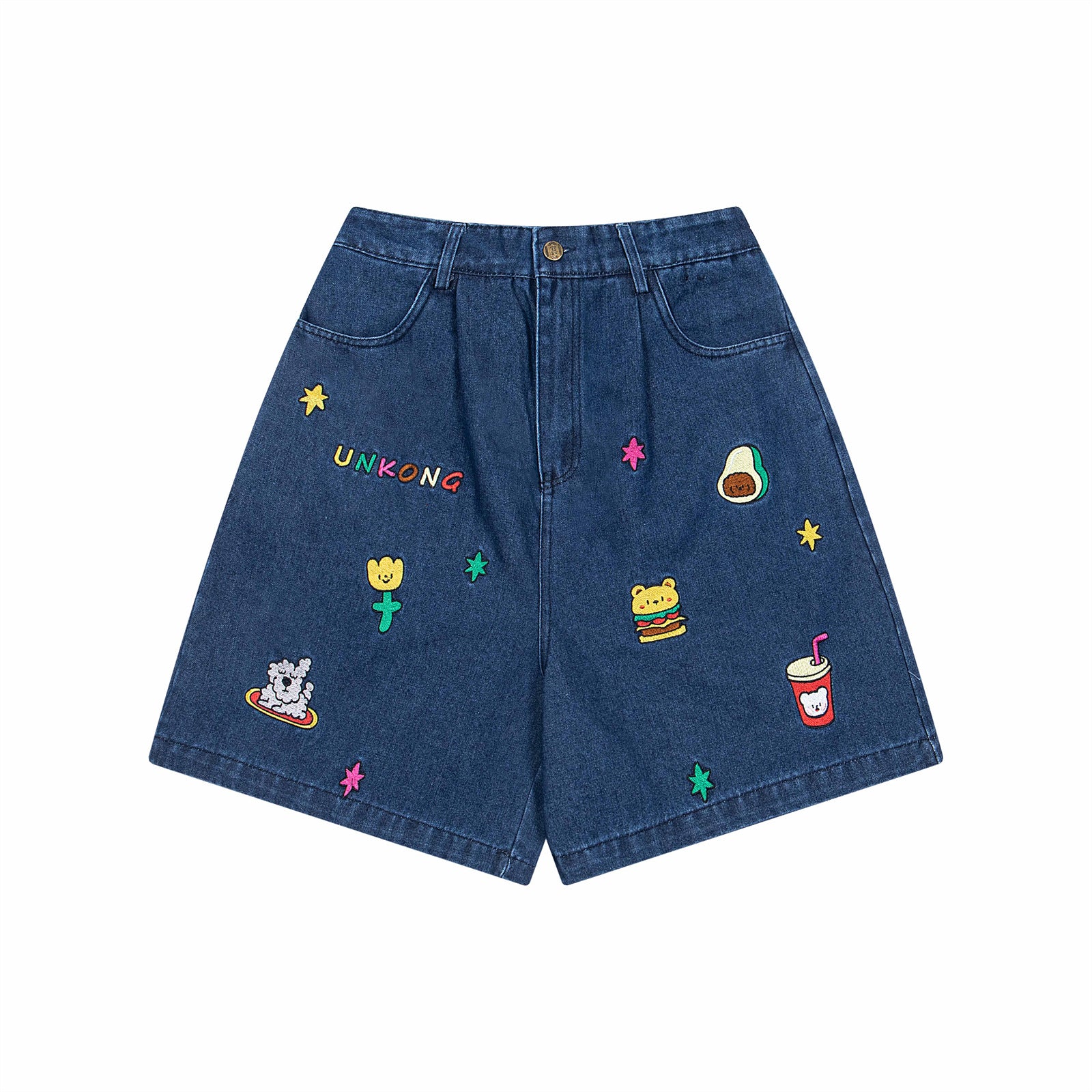 Retro Washed Cartoon Embroidered Elastic Waist Denim Wide Leg Shorts for Men and Women