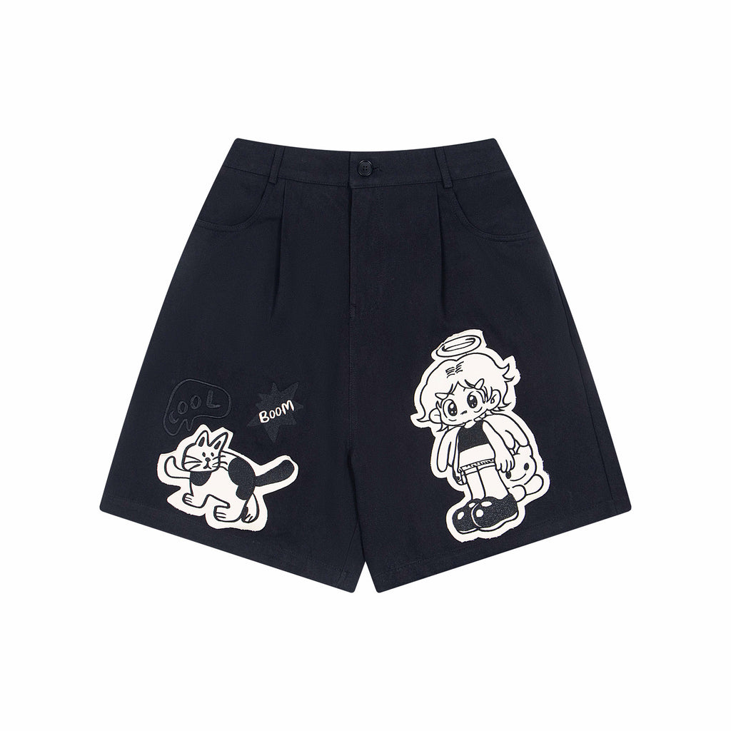 Retro Cartoon Embroidery Casual Wide-Leg Shorts for Men and Women