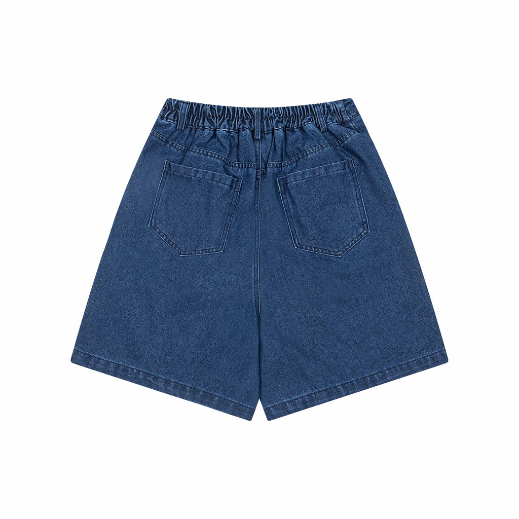 Retro Washed Cartoon Embroidered Elastic Waist Denim Wide Leg Shorts for Men and Women