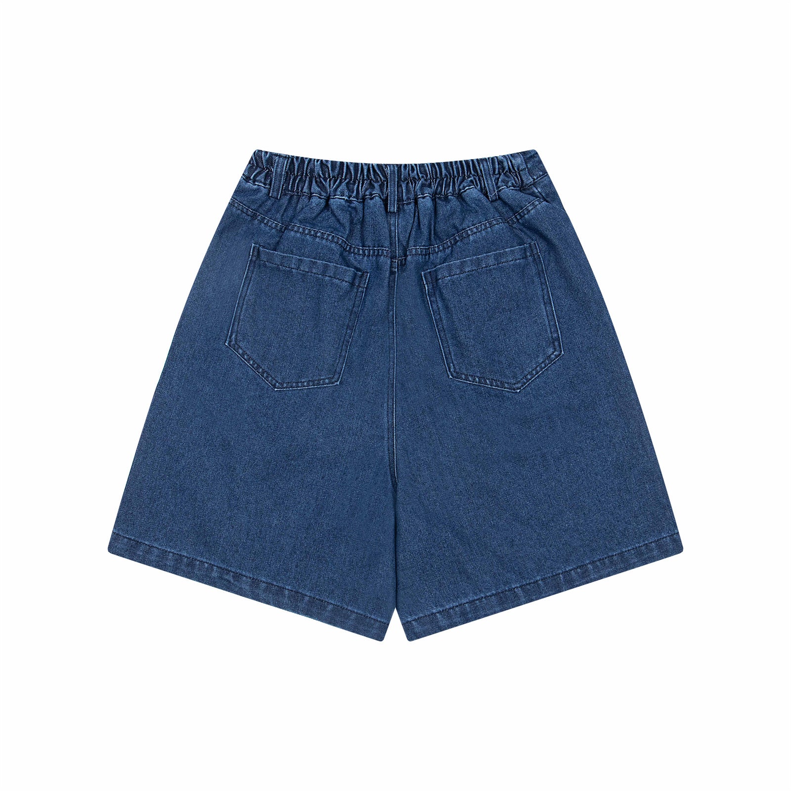 Retro Washed Cartoon Embroidered Elastic Waist Denim Wide Leg Shorts for Men and Women