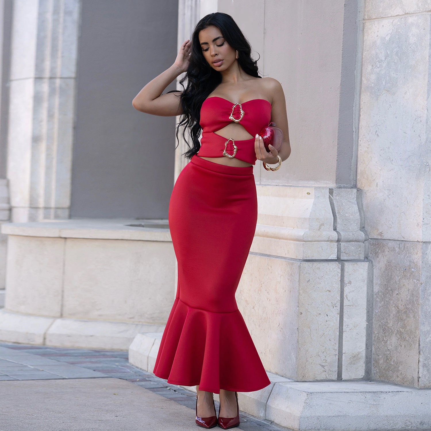 Fashion Women's Sexy Strapless Top with Lace Trim Bodycon Skirt Set