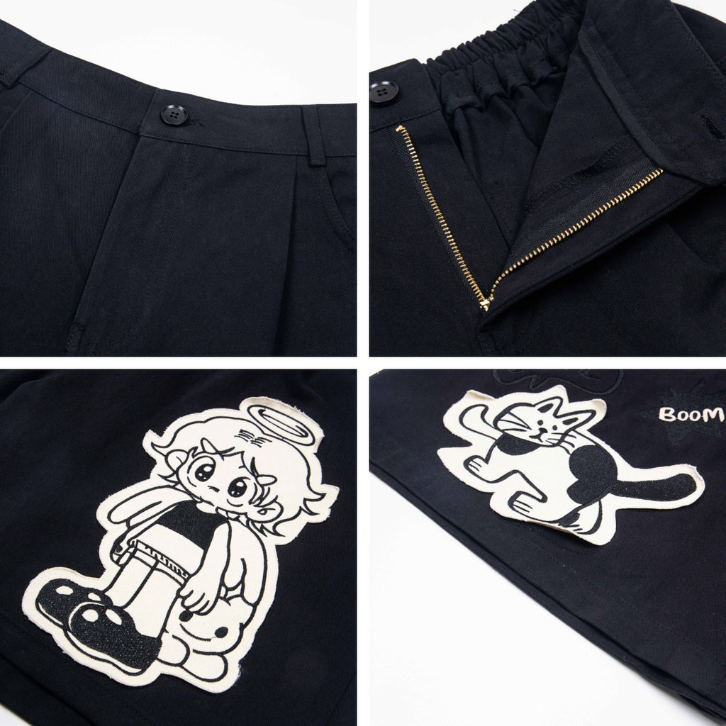 Retro Cartoon Embroidery Casual Wide-Leg Shorts for Men and Women