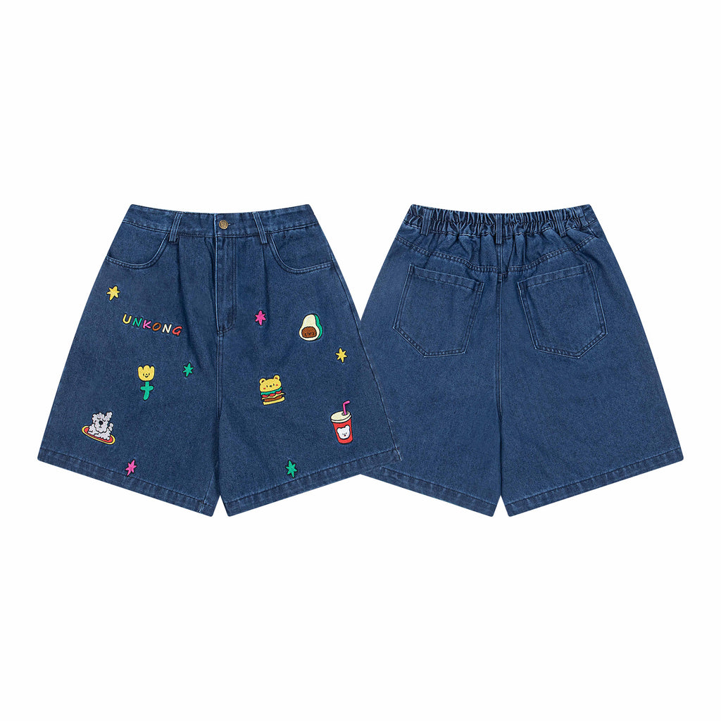 Retro Washed Cartoon Embroidered Elastic Waist Denim Wide Leg Shorts for Men and Women