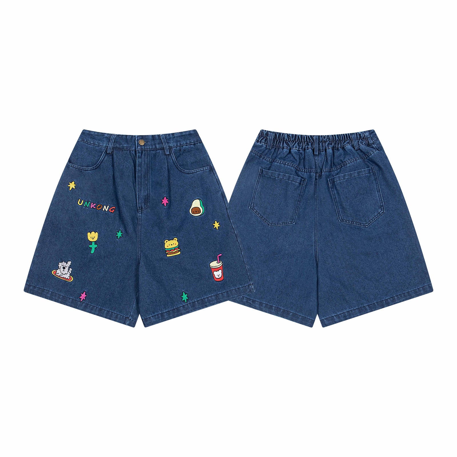 Retro Washed Cartoon Embroidered Elastic Waist Denim Wide Leg Shorts for Men and Women