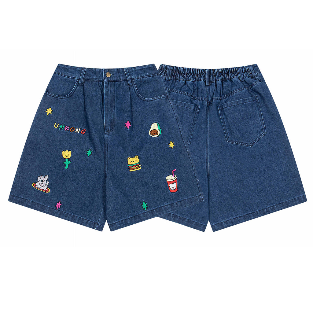 Retro Washed Cartoon Embroidered Elastic Waist Denim Wide Leg Shorts for Men and Women