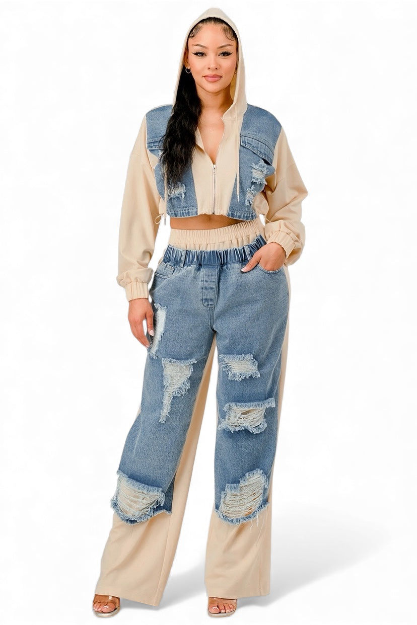 Denim Patchwork Hoodie & Wide-Leg Pant Set