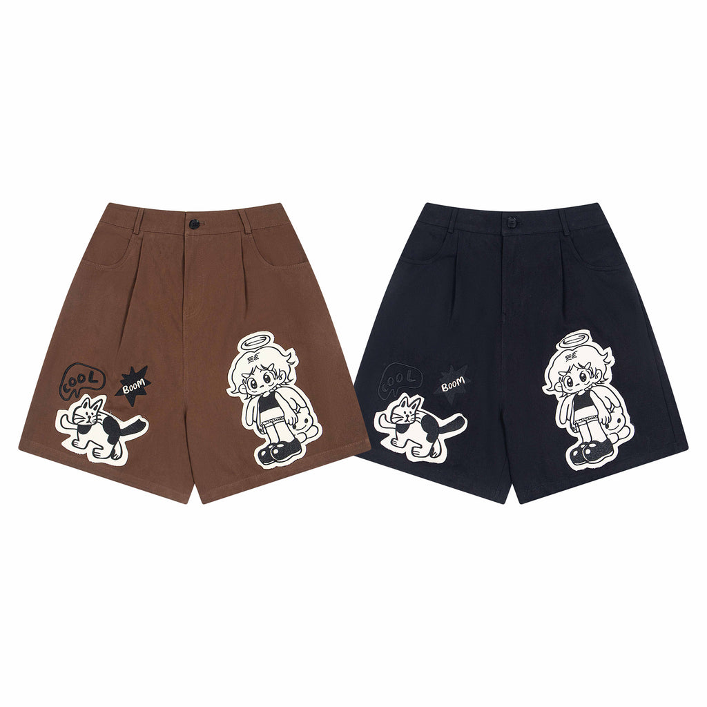 Retro Cartoon Embroidery Casual Wide-Leg Shorts for Men and Women