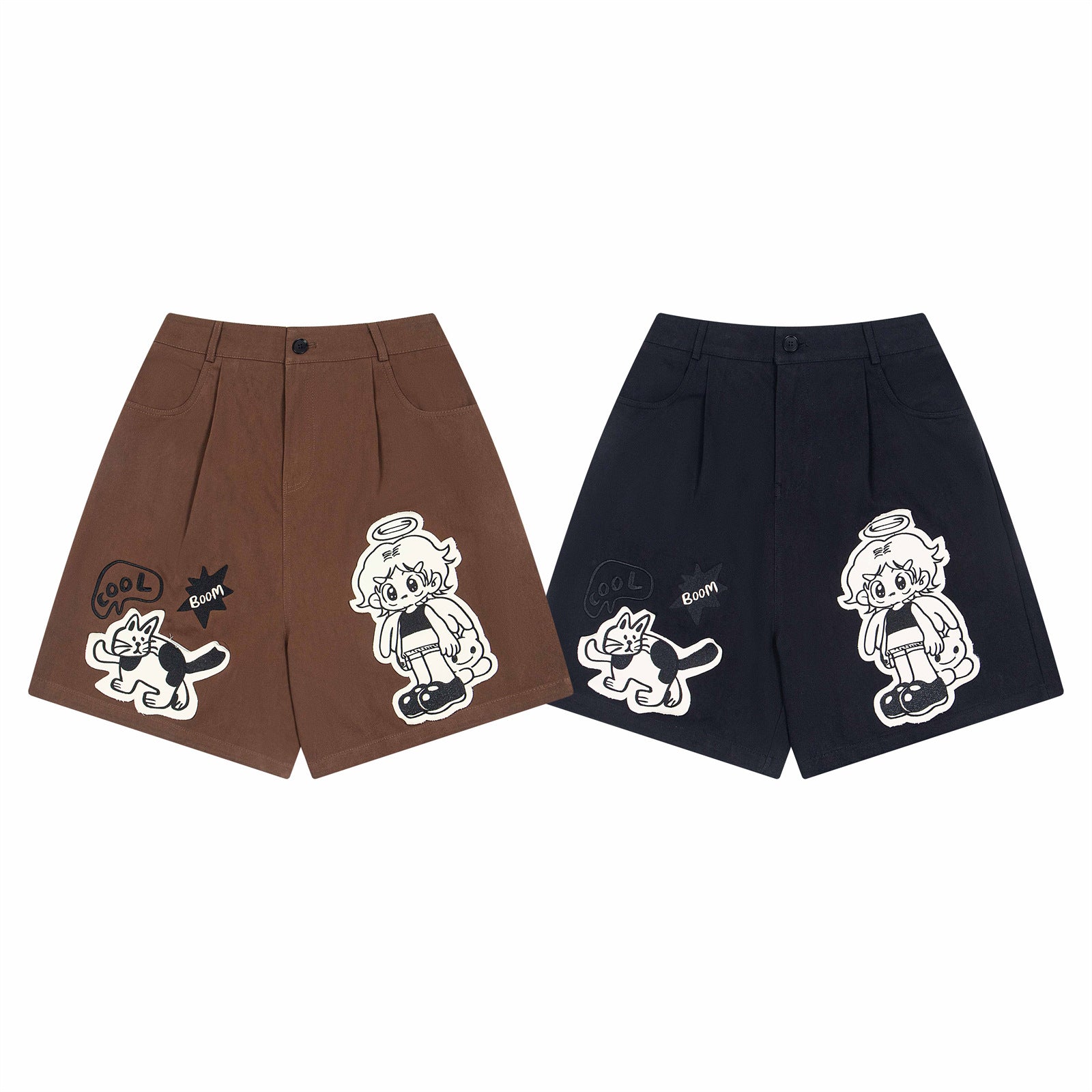 Retro Cartoon Embroidery Casual Wide-Leg Shorts for Men and Women